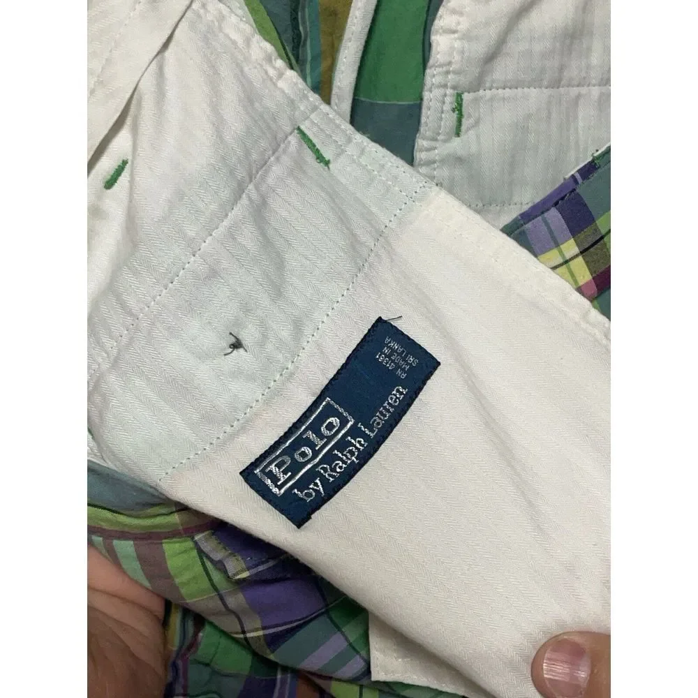 VTG Polo Ralph Lauren Shorts Men 35 Green Plaid India‎ Madras Flap Pocket Chino
